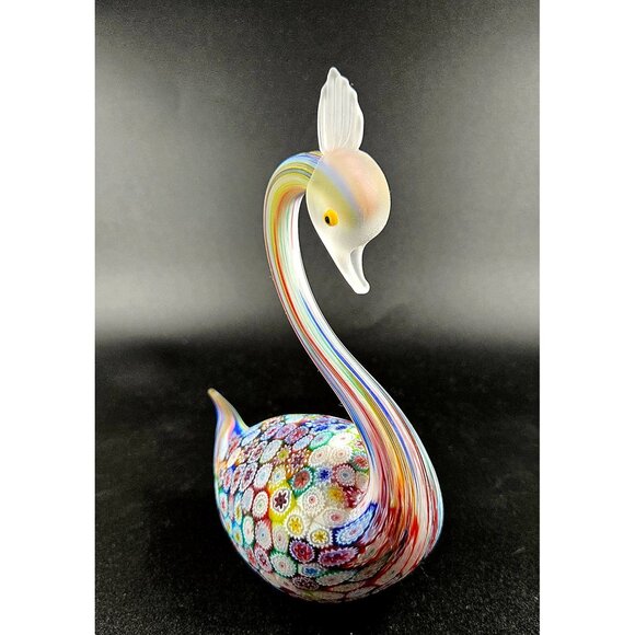 Murano Fratelli Toso Millefiori Art Glass Swan w/Multicolor Floral Pattern & Fro - Picture 4 of 10